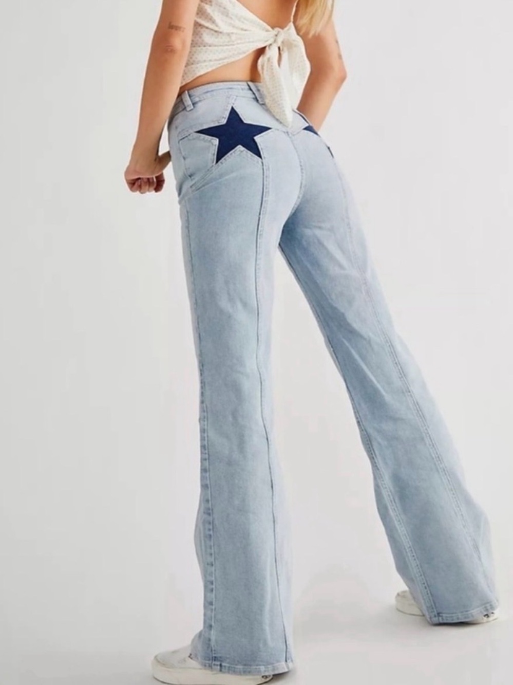 Free People Firecracker Flare Jeans Blue Denim Star Patch size 31